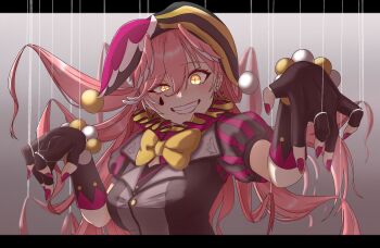 1girl alternate_costume alternate_hair_length alternate_hairstyle black_dress black_gloves bow bowtie breasts commentary cross-shaped_pupils dress english_commentary fang fingerless_gloves fingernails gloves grey_background grin hair_between_eyes hands_up hat head_wings highres hololive jester_cap jester_costume large_breasts long_hair looking_at_viewer nail_polish pink_hair pink_nails ringo_21_a smile solo string symbol-shaped_pupils takane_lui teardrop_facial_mark uneven_eyes upper_body virtual_youtuber wings yellow_bow yellow_bowtie yellow_eyes