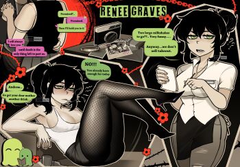 1girl absurdres apron ashtray bare_shoulders black_apron black_background black_hair black_shorts breasts camera chain cigarette cigarette_pack cleavage covered_erect_nipples drunk english_text fishnets green_eyes heartsinreboot high_collar highres jewelry large_breasts legs_up medium_hair multiple_views name_tag necklace open_mouth photo_(object) renee_graves see-through_clothes see-through_shirt shirt shorts sidelocks sitting smoking solo speech_bubble standing tank_top teeth the_coffin_of_andy_and_leyley thick_thighs thighs thorns waitress white_shirt white_tank_top wide_hips