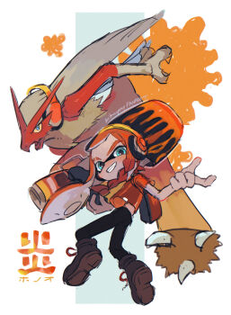 1girl asymmetrical_hair black_pants blaziken blue_eyes boots braid brown_footwear clothed_pokemon company_connection crossover eyebrow_cut fangs full_body gen_3_pokemon grin headphones inkling inkling_girl inkling_player_character kikuyoshi_(tracco) long_hair nintendo orange_hair orange_shirt pants pokemon pokemon_(creature) range_blaster_(splatoon) shirt short_sleeves smile splatoon_(series) splatoon_3 t-shirt teeth