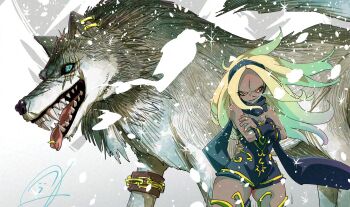 1girl bare_shoulders black_scarf blonde_hair cold dark-skinned_female dark_skin dress earrings gravity_daze gravity_daze_2 hairband highres jewelry kitten_(gravity_daze) long_hair looking_at_viewer pungter red_eyes scarf sharp_teeth simple_background smile snow solo strapless teeth vambraces white_background wolf