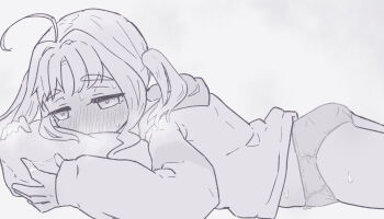 1girl absurdres ahoge ass blush bow bow_panties breath cowboy_shot ear_blush face_in_pillow from_side full-face_blush grey_background greyscale half-closed_eyes heavy_breathing highres hood hood_down hoodie hugging_object loli long_sleeves lying monochrome no_pants nose_blush on_stomach original panties pillow pillow_grab pillow_hug puffy_long_sleeves puffy_sleeves s_k_collection simple_background sleeves_past_wrists solo steam steaming_body sweat thick_eyebrows twintails underwear