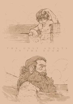 2boys bara beard blush brown_theme chilchuck_tims cropped_shoulders dungeon_meshi dwarf facial_hair hairy highres kendrawells long_beard looking_at_another male_focus monochrome multiple_boys mustache nude paid_reward_available profile sauna senshi_(dungeon_meshi) skinny sparse_arm_hair sparse_chest_hair steam thick_mustache very_long_beard yaoi