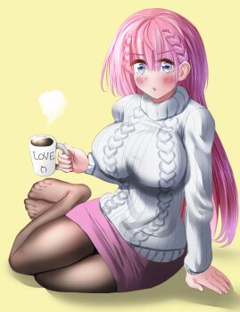 1girl aqua_eyes blue_eyes blush bokutachi_wa_benkyou_ga_dekinai braid breasts coffee_mug cup gu~derenko highres holding_coffee_pot kirisu_mafuyu large_breasts legs long_hair looking_at_viewer mug pencil_skirt pink_hair sitting skirt solo sweater thighs toes