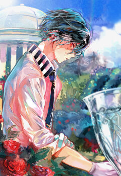 1boy akuma_shitsuji_to_kuroi_neko aqua_hair black_hair black_necktie blue_flower blue_sky bush cloud cloudy_sky coat collared_shirt commentary_request earrings empty_eyes expressionless flower from_side garden gazebo glass gloves hand_on_own_arm haures_clifford highres jewelry long_sleeves looking_at_viewer looking_to_the_side male_focus mountainous_horizon multicolored_hair necktie no_coat nonoko_(meg36544) outdoors parted_lips rainbow red_eyes red_flower rolling_sleeves_up rose_bush shaded_face shirt short_hair sky solo striped_coat summer sweat three-quarter_sleeves tie_clip two-tone_hair upper_body vertical-striped_collar water white_gloves white_shirt wind wing_collar