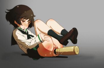 akiyama_yukari animated animated_gif blood blouse bone brown_eyes brown_hair death ero_guro explosion girls_und_panzer grey_background guro intestines neckerchief organs pussy school_uniform serafuku shell_casing shirt shoes short_hair smoke socks tekuteku_(yuuhodou)