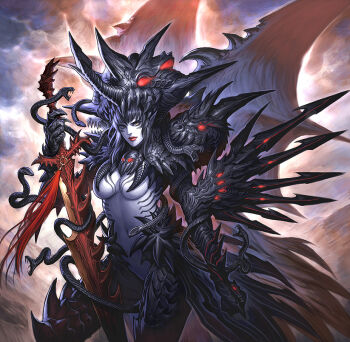 Rule 34 | 1girl, arina nary, armor, black armor, black hair, breasts, colored skin, demon girl, glowing, helm, helmet, holding, holding sword, holding weapon, huge weapon, large breasts, lipstick, long hair, makeup, photoshop (medium), pixiv fantasia, pixiv fantasia 1, pointy ears, snake, solo, spikes, sword, underboob, weapon, white skin, wings, yellow eyes