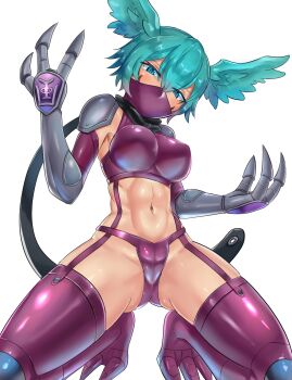 1girl armpit_peek bird_legs blue_eyes blue_hair breasts cameltoe claws digimon digimon_(creature) digimon_frontier female_focus full_body harpy head_wings highres kneeling large_breasts looking_at_viewer mask midriff monster_girl mouth_mask navel revealing_clothes shiny_clothes shiny_skin short_hair shutumon solo thong toned toned_stomach wide_hips wings ytrall