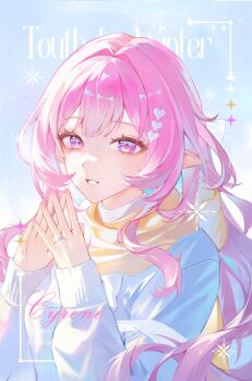 1girl absurdres alternate_costume blue_sky blue_sweater character_name coat commentary cyrene_(honkai:_star_rail) cyrene_(ripples_of_past_reverie)_(honkai:_star_rail) diamond-shaped_pupils diamond_(shape) english_commentary highres honkai:_star_rail honkai_(series) jewelry long_hair parted_lips pink_hair pointy_ears purple_eyes ring scarf sky sohan_(sohan_416) solo sweater symbol-shaped_pupils upper_body very_long_hair winter_clothes winter_coat yellow_scarf