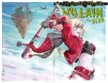 1girl asymmetrical_gloves bangle baseball_bat belt belt_buckle black_bra black_gloves blonde_hair blue_eyes blue_eyeshadow blue_hair bra bracelet breasts buckle colored_tips cow dc_comics dragon eyeshadow facepaint floating_island gloves harley_quinn harley_quinn_(suicide_squad_isekai) highres holding holding_baseball_bat hood hood_down hooded_jacket jacket jester_costume jewelry makeup medium_breasts midriff mismatched_gloves multicolored_hair navel open_mouth pale_skin pink_hair red_belt red_bra red_gloves red_jacket red_shorts rodrigo_yoshimiya short_shorts short_twintails shorts smile solo spiked_bracelet spikes striped_sleeves suicide_squad_isekai twintails two-tone_bra underwear