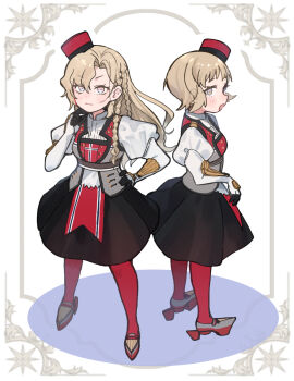 2girls annin_musou back-to-back black_skirt blonde_hair braid eidsvold_(kancolle) full_body gloves grey_eyes hat highres kantai_collection long_hair mini_hat multiple_girls norge_(kancolle) norwegian_flag pantyhose red_hat red_pantyhose shirt short_hair side_braids skirt standing white_gloves white_shirt