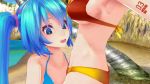 2girls 3d animated beach bikini blue_eyes blue_hair blush breasts gold_bikini hatsune_miku licking licking_navel long_hair megurine_luka midriff mikumikudance_(medium) multiple_girls navel outdoors pink_hair source_request swimsuit tongue tongue_out twintails video vocaloid yuri