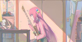 1girl absurdres bocchi_the_rock! closed_mouth commentary_request computer cube_hair_ornament from_side gotoh_hitori guitar hair_ornament highres holding holding_guitar holding_instrument indoors instrument jacket laptop long_hair long_sleeves mirror muina pink_hair pink_jacket poster_(object) profile sidelocks sitting slice_of_life solo straight_hair table track_jacket upper_body very_long_hair