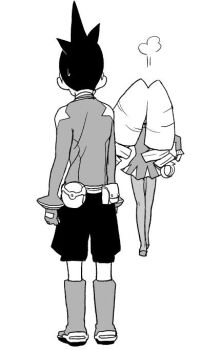 1boy 1girl black_hair black_shorts boots dress drill_hair geo_stelar_(mega_man) grey_background heriyama long_hair luna_platz_(mega_man) mega_man_(series) mega_man_star_force_(series) shorts simple_background spiked_hair sweatdrop twin_drills very_long_hair