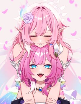 2girls bare_shoulders blue_eyes blush breasts coat cyrene_(aedes_elysiae)_(honkai:_star_rail) cyrene_(honkai:_star_rail) cyrene_(ripples_of_past_reverie)_(honkai:_star_rail) dual_persona earrings flower hair_flower hair_ornament hashtag-only_commentary highres honkai:_star_rail honkai_(series) hug jewelry long_hair looking_up multicolored_hair multiple_girls necklace open_mouth pink_hair pointy_ears purple_coat short_hair small_breasts smile teeth two-tone_hair upper_teeth_only very_long_hair white_hair yanase_rkgk