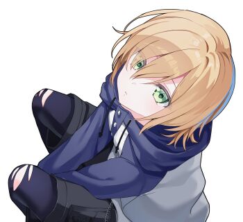 1boy absurdres black_leggings black_shorts blonde_hair blue_hood blue_sleeves drawstring feet_out_of_frame from_above green_eyes hair_intakes hair_ornament hair_over_one_eye hairclip highres hood hoodie leggings long_sleeves looking_at_viewer male_focus nijisanji njuzu no_headwear no_jacket parted_lips pocket raglan_sleeves short_hair shorts simple_background solo squatting torn_clothes torn_leggings uzuki_kou uzuki_kou_(5th_costume) v_arms virtual_youtuber wallet_chain white_background white_hoodie wolf_cut