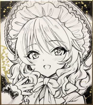 Rule 34 | 1girl, :d, \||/, blush, bow, bowtie, commentary, commentary request, curly hair, dots, greyscale with colored background, happy, hat, highres, idolmaster, idolmaster cinderella girls, idolmaster cinderella girls starlight stage, looking at viewer, marine (confeitokobo), mob cap, official alternate costume, open mouth, portrait, sakurai momoka, shikishi, smile, solo, solo focus