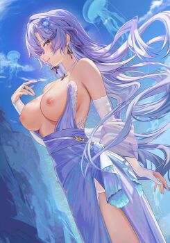 1girl alternate_costume bare_shoulders blue_eyes blue_flower breasts bridal_gauntlets cantarella_(wuthering_waves) center_opening commentary dress earrings facial_mark fingernails flower hair_flower hair_ornament hand_up highres jewelry large_breasts long_dress long_hair looking_at_viewer looking_to_the_side mark_under_eye nail_polish nipples paid_reward_available parted_lips purple_dress purple_hair purple_nails ru_zhai side_slit sideboob sideways_glance smile solo symbol-only_commentary white_bridal_gauntlets wuthering_waves