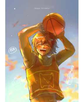 1boy :d ^_^ absurdres armpits arms_up backlighting ball bare_arms bare_shoulders basketball_(object) bird blue_sky blurry blurry_background blush bottle brown_hair cactus chromatic_aberration closed_eyes collarbone commentary dark-skinned_male dark_skin double-parted_bangs english_commentary eyebrows_hidden_by_hair facing_viewer gradient_sky grey_sky hair_behind_ear hair_between_eyes halftone happy_birthday highres holding holding_ball kel_(faraway)_(omori) kel_(omori) light_particles male_focus nat_omogu omori open_mouth orange_joe_(omori) orange_tank_top outdoors plant potted_plant short_hair simple_background sky smile solo star_(symbol) tank_top teeth toned toned_male tongue twitter_username upper_body v-shaped_eyebrows