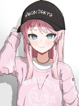 1girl anon_tokyo_(bang_dream!) bang_dream! bang_dream!_it&#039;s_mygo!!!!! chihaya_anon closed_mouth commentary earrings grey_eyes highres jewelry long_hair necklace opuricheri pink_hair pink_sweater shadow simple_background solo sweater upper_body white_background