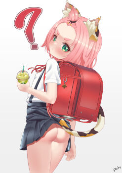 1girl ? absurdres andro_gs animal_ears annoyed ass backpack bag blush cat_ears cat_girl cat_tail clothes_lift diona_(genshin_impact) from_behind genshin_impact green_eyes highres legs loli looking_at_viewer looking_back medium_hair mihoyo no_panties randoseru school_uniform skirt skirt_lift solo standing tail thighs wardrobe_malfunction white_background