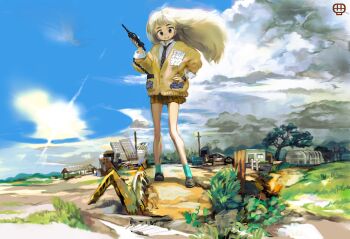 1girl aqua_socks artist_logo black_eyes black_necktie black_shoes blonde_hair blue_sky brown_skirt building cardigan cloud cloudy_sky commentary commentary_request day detonator diffraction_spikes english_commentary floating_hair full_body grass grin hand_on_own_hip hand_up highres holding holding_detonator kawaguchi_youhei logo long_hair long_sleeves looking_at_viewer mixed-language_commentary necktie original outdoors pleated_skirt shack shoes skirt sky smile socks solar_panel solo standing sun tree watch wristwatch yellow_cardigan