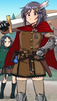 2girls ahoge arm_armor armor artist_name belt belt_pouch black_hair blue_eyes blue_sky blurry blurry_background blush boots braid brown_eyes cape closed_mouth commentary_request day fantasy flask gauntlets gloves gojarun greaves green_cape hair_between_eyes hair_ornament hairclip hand_on_own_hip highres holding holding_sword holding_weapon hood idolmaster idolmaster_cinderella_girls knee_boots knife knife_sheath lace-up_boots long_hair long_sleeves looking_at_another looking_at_viewer miyoshi_sana multiple_girls nanjo_hikaru outdoors plaid_clothes plaid_skirt pleated_skirt potion pouch red_cape sheath sheathed shoulder_armor sidelocks skirt sky smile solo_focus standing sword thighhighs upper_body weapon