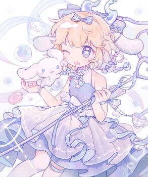 1girl ;3 ;d animal_ears bare_shoulders blonde_hair blue_bow blue_dress blue_eyes bow braid cinnamoroll commentary dot_nose dress fanqiealxe feet_out_of_frame floppy_ears fuwa_fuwa_cinnamoroll hair_bow highres holding holding_staff multiple_hair_bows one_eye_closed open_mouth original rabbit_ears sanrio short_hair sleeveless sleeveless_dress smile staff standing star-shaped_pupils star_(symbol) symbol-only_commentary symbol-shaped_pupils thighhighs turtleneck turtleneck_dress twin_braids white_thighhighs