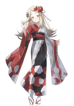 Rule 34 | 1girl, black kimono, blonde hair, blush, colored eyelashes, commentary request, fingernails, flat chest, flipped hair, floral print, floral print kimono, floral print sash, flower, food, full body, furisode, gakuen idolmaster, gaohuang43450, gradient hair, grey hair, hair flower, hair ornament, hairclip, highres, holding, holding skewer, idolmaster, japanese clothes, kanzashi, kimono, long hair, long sleeves, looking at viewer, multicolored hair, multicolored kimono, obi, obiage, obijime, open mouth, orange eyes, parallel hairclips, parted bangs, print kimono, print sash, red flower, red kimono, sandals, sash, shinosawa hiro, simple background, skewer, smile, socks, solo, standing, white background, white kimono, white socks, wide sleeves, yakitori, zouri