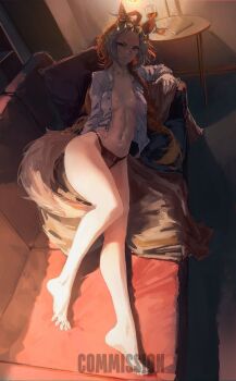 1girl absurdres ahoge animal_ears bare_legs barefoot black_panties breasts brown_hair collarbone commentary commission couch full_body gandy_(gan3e46) highres horse_ears horse_girl horse_tail large_breasts legs long_sleeves looking_at_viewer lying multicolored_hair naked_shirt navel on_couch on_side open_clothes open_shirt orfevre_(umamusume) panties parted_lips purple_hair shirt solo stomach tail thighs toes two-tone_hair umamusume underwear white_hair white_shirt