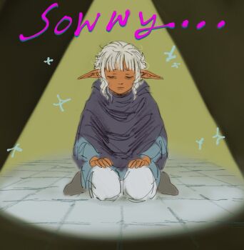 11agares 1boy apologizing black_cloak blue_tunic blunt_bangs boots brown_boots cloak closed_eyes closed_mouth dark-skinned_male dark_skin dungeon_meshi hands_on_own_knees highres indoors kneeling long_pointy_ears pants pointy_ears solo sowwy sparkle spotlight thistle_(dungeon_meshi) tile_floor tiles tunic white_hair white_pants