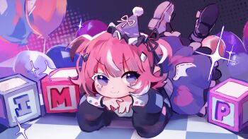 1girl :3 artist_request balloon camila_(vtuber) check_artist closed_mouth eyelashes fake_wings feet_up hair_ornament hair_ribbon hat hat_ribbon head_rest heart heart_print highres indie_virtual_youtuber long_sleeves lying mismatched_shoes multicolored_hair official_art on_stomach party_hat pasharuu pink_hair purple_eyes purple_hat purple_ribbon purple_skirt ribbon second-party_source short_twintails skirt smile solo sparkle streaked_hair toy_block twintails virtual_youtuber white_hair white_ribbon wings