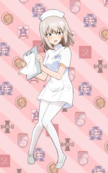 1girl alternate_costume blue_eyes full_body girls_und_panzer grey_hair haiiro_purin hat holding itsumi_erika long_hair looking_at_viewer nurse nurse_cap open_mouth pink_shoes shoes solo standing