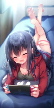 1girl absurdres amatsuji aniki_(yukata_to_rape_to_aniki_to_ore_to.) ass backlighting bare_legs barefoot black_hair black_shirt bloom blurry blurry_background blush braid breasts cleavage closed_mouth collarbone commentary depth_of_field eyelashes eyes_visible_through_hair facing_viewer feet female_masturbation furrowed_brow hair_between_eyes hair_spread_out handheld_game_console highres holding holding_handheld_game_console hood hood_down hooded_jacket indoors jacket knees_together_feet_apart large_breasts legs light_particles long_hair long_sleeves lying masturbation nintendo_switch no_pants on_bed on_stomach open_clothes open_jacket open_mouth panties pillow playing_games playing_video_games red_jacket saliva sex_toy shirt sidelocks single_braid soles solo straight_hair textless_version the_pose thigh_strap toenails toes twitching underwear variant_set vibrator vibrator_cord vibrator_under_clothes vibrator_under_panties wavy_mouth white_panties yukata_to_rape_to_aniki_to_ore_to.