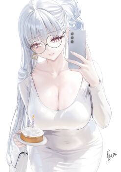 1girl absurdres breasts candle cellphone cleavage collarbone commentary dress english_commentary glasses highres holding holding_phone large_breasts leaning_forward long_hair long_sleeves looking_at_viewer original parted_lips phone piukute062 signature smartphone smile solo white_background white_bag white_dress white_hair yellow_eyes