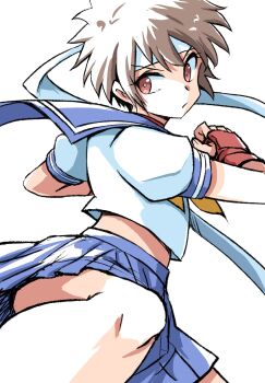1girl blue_sailor_collar blue_skirt brown_eyes brown_hair capcom closed_mouth female_focus fingerless_gloves gloves ikaringo_(ikaringo4444) kasugano_sakura matching_hair/eyes neckerchief red_gloves sailor_collar school_uniform serafuku simple_background skirt solo street_fighter street_fighter_zero_(series) thighs white_background yellow_neckerchief