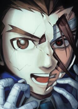 Rule 34 | 1boy, ace attorney, apollo justice, apollo justice: ace attorney, bandaged hand, bandaged head, bandages, blue jacket, blue necktie, broken mask, brown eyes, brown hair, clenched teeth, collared jacket, commentary request, cracked kawaii mask, cracked mask, forked eyebrows, highres, jacket, male focus, mask, necktie, portrait, richost, shirt, solo, teeth, white shirt, widow's peak, wing collar