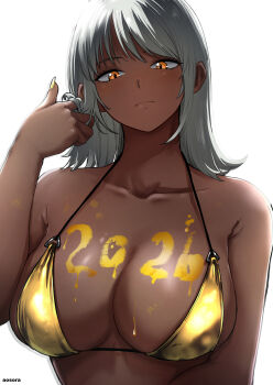 1girl 2026 aosora2823 bikini body_writing breasts collarbone dark-skinned_female dark_skin expressionless gold_bikini highres large_breasts looking_at_viewer medium_hair orange_eyes original simple_background solo swimsuit twirling_hair upper_body white_background white_hair