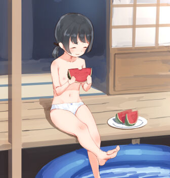 1girl :3 barefoot black_hair blush bow bow_panties closed_eyes collarbone door eating food fruit hair_ribbon happy highres holding house inflatable_pool loli long_hair low_twintails makigai navel nipples panties plate pool porch ribbon sitting smile topless_female twintails underwear water watermelon white_panties window