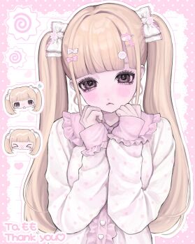 1girl aegyo_sal blonde_hair blunt_bangs blush bow chibi chibi_inset closed_mouth commentary commission english_commentary frilled_shirt_collar frilled_sleeves frills hair_between_eyes hair_bow hair_ornament hairclip hands_up hashtag-only_commentary head_tilt highres jirai_kei long_hair long_sleeves looking_at_viewer motsu_(timotimo451) original pink_bow pink_eyes polka_dot polka_dot_shirt shirt skeb_commission sleeves_past_wrists solo thank_you twintails white_bow white_shirt