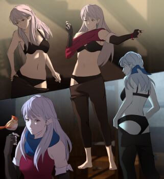 1girl absurdres ass barefoot bird bird_on_hand black_bra black_gloves black_panties black_pants bra breasts clothes_pull collarbone commentary dressing elbow_gloves english_commentary fire_emblem fire_emblem:_radiant_dawn from_behind full_body gloves grey_hair hair_ribbon highres long_hair micaiah_(fire_emblem) multiple_views nintendo panties pants pants_pull pomelomelon red_shirt ribbon shirt sleeveless sleeveless_shirt small_breasts standing underwear yellow_eyes
