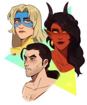 1boy 2girls absurdres black_hair blonde_blazer blue_eyes brown_eyes cheekbones chest_hair colored_sclera colored_skin dispatch domino_mask earrings eye_mask facial_hair flambae_(dispatch) highres horns inuisdrawing jewelry lipstick makeup malevola_(dispatch) mask multiple_girls pectorals pointy_ears ponytail red_skin stubble yellow_sclera