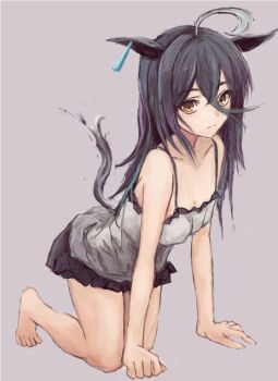 1girl ahoge animal_ears bare_shoulders barefoot black_hair black_skirt breasts camisole closed_mouth collarbone ear_tag earrings full_body hair_between_eyes horse_ears horse_girl horse_tail jewelry long_bangs long_hair long_hair_between_eyes manhattan_cafe_(umamusume) multicolored_hair pleated_skirt simple_background single_earring skirt small_breasts solo tail tank_top umamusume white_camisole white_hair white_tank_top yanagi_wakana yellow_eyes