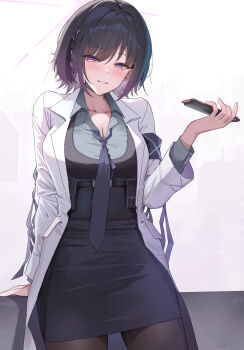 1girl black_dress black_hair black_pantyhose blue_archive blush breasts cleavage dress green_shirt highres holding holding_instrument instrument jacket looking_at_viewer medium_breasts necktie open_clothes open_jacket pantyhose parted_lips pencil_dress purple_necktie shirt short_hair shougun_(chuckni1) sidelocks smile solo subaru_(blue_archive) white_jacket