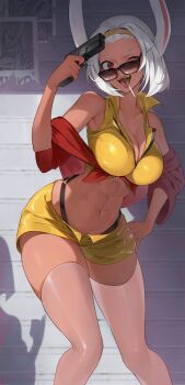 1girl ;d abs absurdres animal_ears bare_shoulders black_panties boku_no_hero_academia breasts cleavage commentary cosplay cowboy_bebop dark-skinned_female dark_skin english_commentary faye_valentine faye_valentine_(cosplay) gun hairband hand_on_own_hip handgun highleg highleg_panties highres holding holding_gun holding_weapon kopam large_breasts lollipop_in_mouth long_eyelashes looking_at_viewer looking_over_eyewear mirko navel off_shoulder one_eye_closed open_mouth panties rabbit_ears rabbit_girl red_eyes red_shirt shirt short_hair shorts sleeveless sleeveless_shirt smile solo stomach sunglasses thick_thighs thighhighs thighs toned toned_female underwear weapon white_hair white_thighhighs yellow_hairband yellow_shirt yellow_shorts
