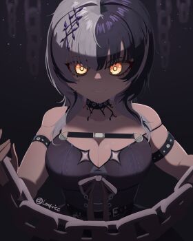 1girl absurdres arm_strap artist_name black_choker black_dress black_hair breasts chain choker cleavage commentary dress english_commentary grey_hair grey_ribbon highres holding holding_chain hololive hololive_english large_breasts loafviee long_hair looking_at_viewer multicolored_hair shiori_novella shiori_novella_(1st_costume) solo split-color_hair two-tone_hair virtual_youtuber yellow_eyes