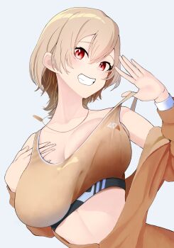 bonchi_age breasts brown_hair brown_jacket brown_tank_top cleavage commentary_request dog_tags furen_e_lustario furen_e_lustario_(5th_costume) grin highres jacket jewelry large_breasts long_sleeves looking_at_viewer necklace nijisanji open_clothes open_jacket red_eyes smile tank_top teeth virtual_youtuber wolf_cut