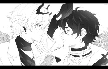 Rule 34 | absurdres, ardashir (arknights), arknights, arknights: endfield, arm up, closed mouth, endministrator (arknights), eye contact, from side, greyscale, hashtag-only commentary, highres, holding, horns, jacket, lapels, letterboxed, long pointy ears, looking at another, male endministrator (arknights), monochrome, nervous sweating, notched lapels, parted bangs, pointy ears, profile, roselirai, shirt, smile, sweat, turtleneck