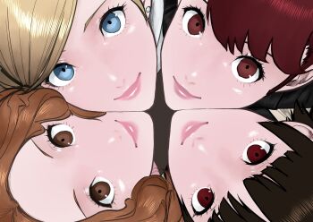 4girls blonde_hair blue_eyes brown_eyes brown_hair highres koukou_panchi long_hair looking_at_viewer medium_hair multiple_girls niijima_makoto okumura_haru persona persona_5 red_eyes red_hair takamaki_anne yoshizawa_sumire