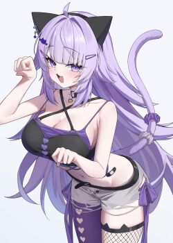 1girl :d absurdres ai_(u_e_o_o) animal_ear_legwear animal_ears bandaid_on_hip black_choker breasts camisole cat_ear_legwear cat_ears cat_girl cat_tail choker cleavage clothing_cutout criss-cross_halter fishnet_thighhighs fishnets halterneck hands_up heart_cutout highres hololive large_breasts long_hair looking_at_viewer navel nekomata_okayu nekomata_okayu_(personya_respect) o-ring o-ring_choker official_alternate_costume official_alternate_hair_length official_alternate_hairstyle open_mouth paw_pose purple_eyes purple_hair short_shorts shorts simple_background single_leg_pantyhose smile solo tail tail_scrunchie thighhighs torn_camisole torn_clothes torn_shorts very_long_hair virtual_youtuber white_background