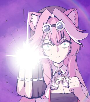 1girl animal_ears breasts glowing gojou&#039;s_imaginary_technique highres hololive hololive_english jujutsu_kaisen large_breasts long_hair looking_at_viewer multicolored_hair panpanmc4 panther_ears panther_girl parody pink_hair raora_panthera scene_reference solo streaked_hair virtual_youtuber